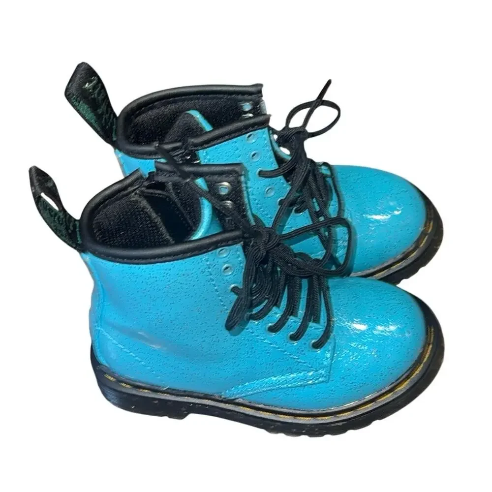 Dr Martens 1460 Cosmic Glitter Turquoise Toddler Boots Size 7 EUC Side Zip